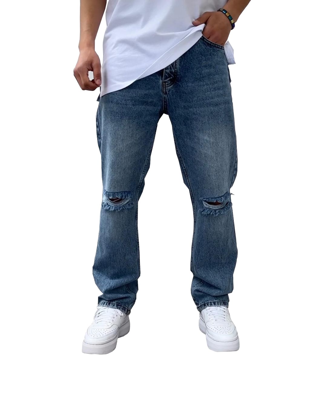 Baggy Jeans mit Riss - Blau