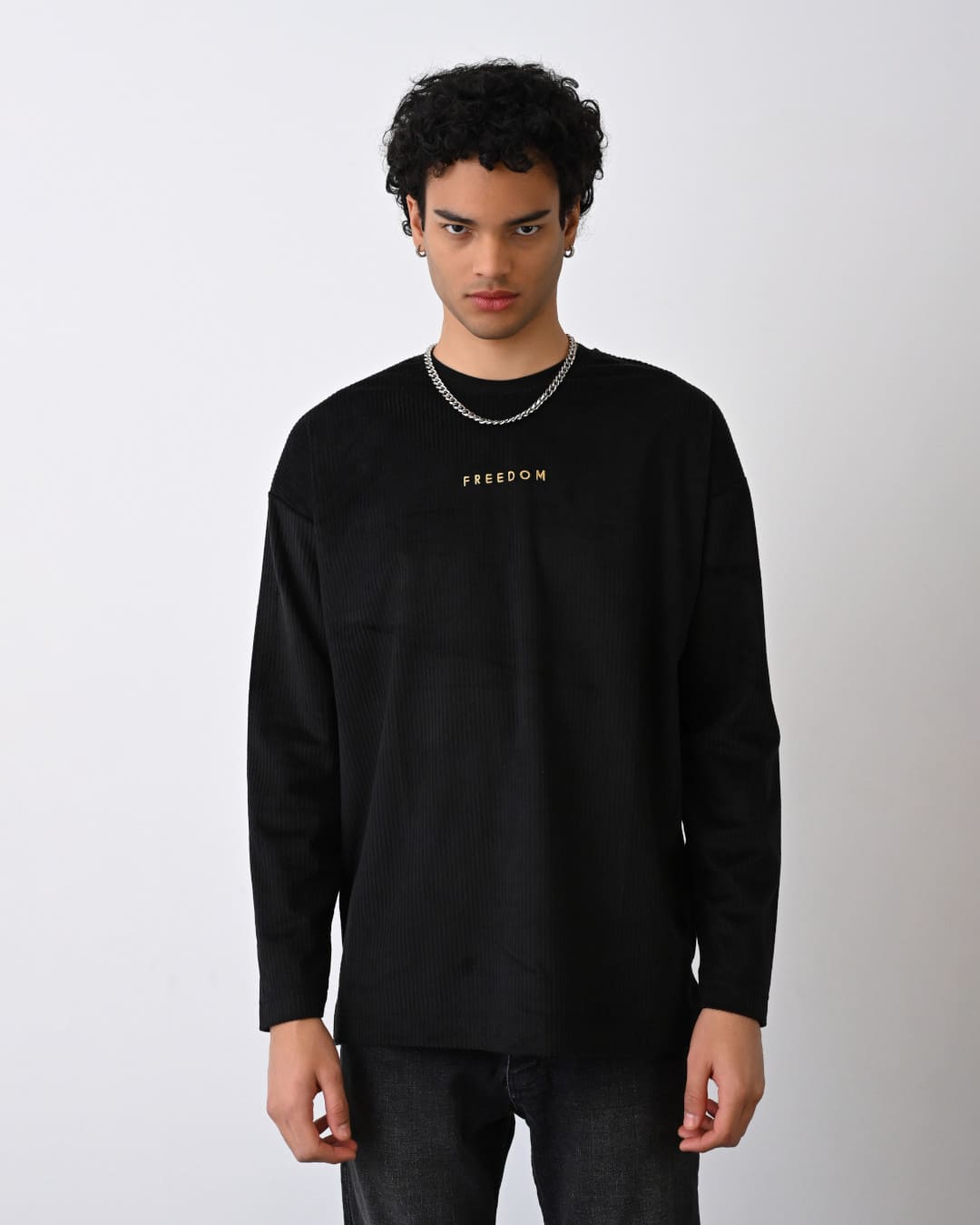 Cord Langarmshirt Freedom für Herren- Schwarz