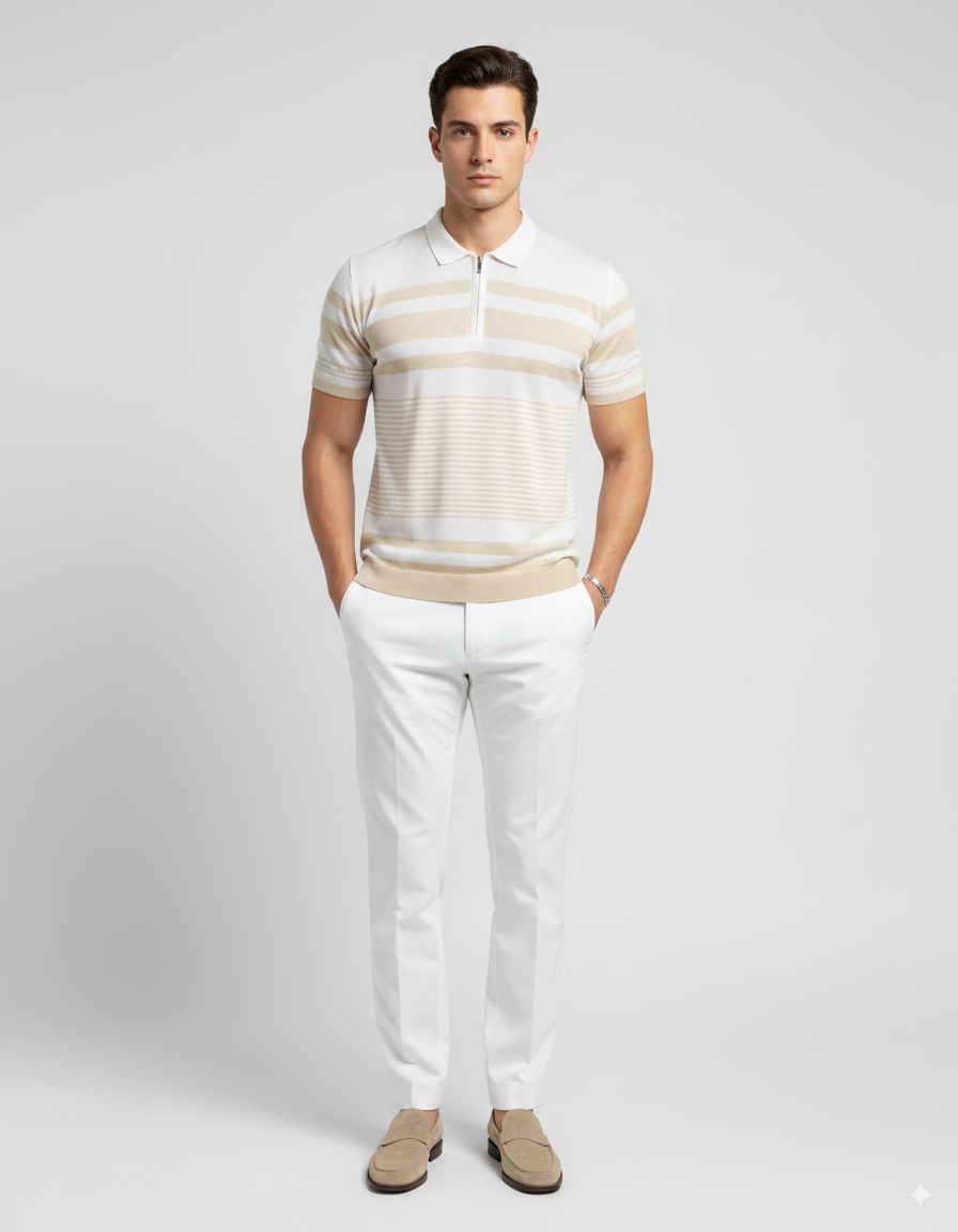 Gestreiftes Poloshirt - Beige/Weiß 