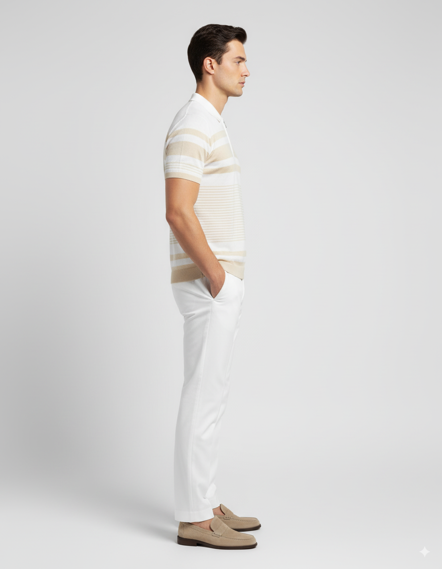Gestreiftes Poloshirt - Beige/Weiß 