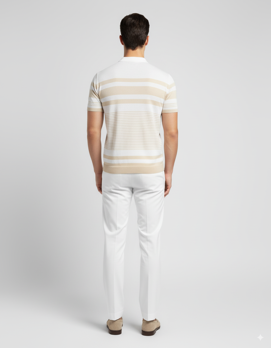 Gestreiftes Poloshirt - Beige/Weiß 