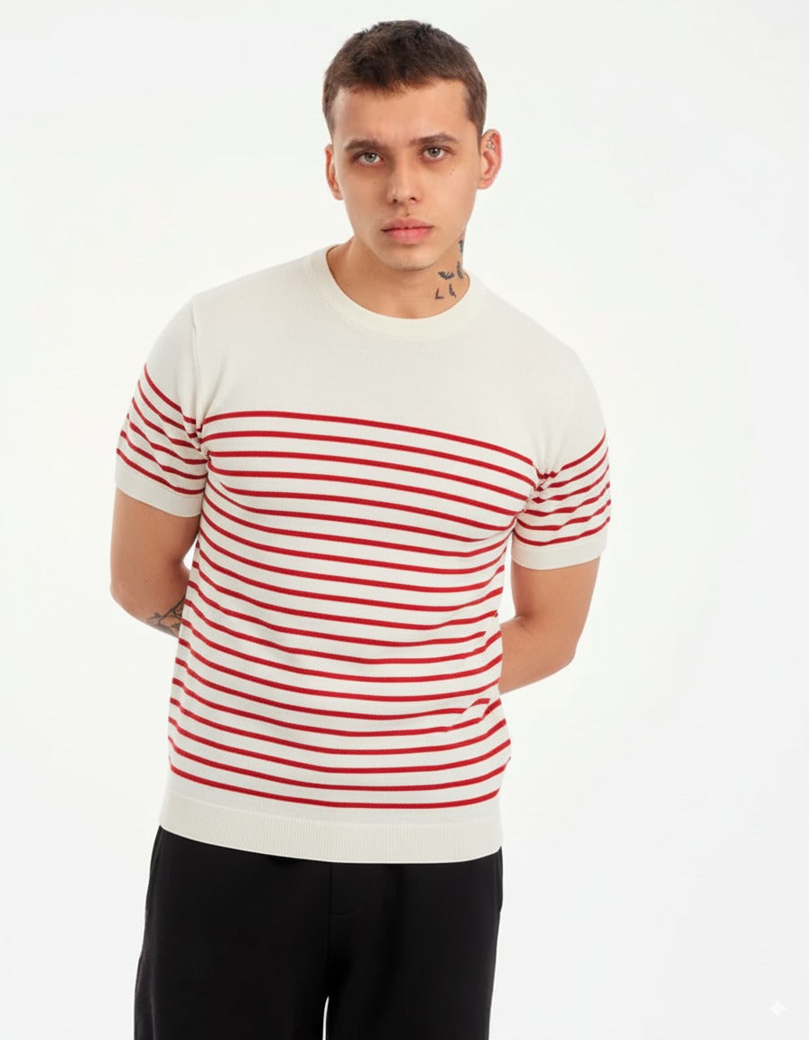 Gestreiftes T-Shirt - Creme/Rot