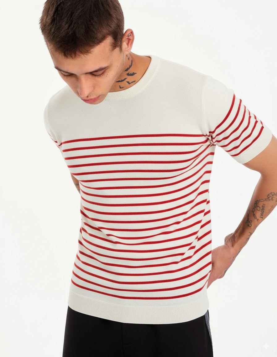 Gestreiftes T-Shirt - Creme/Rot