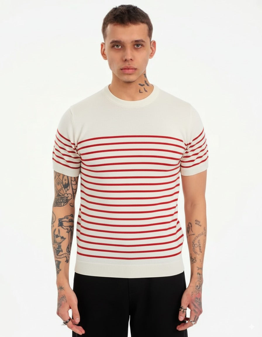 Gestreiftes T-Shirt - Creme/Rot