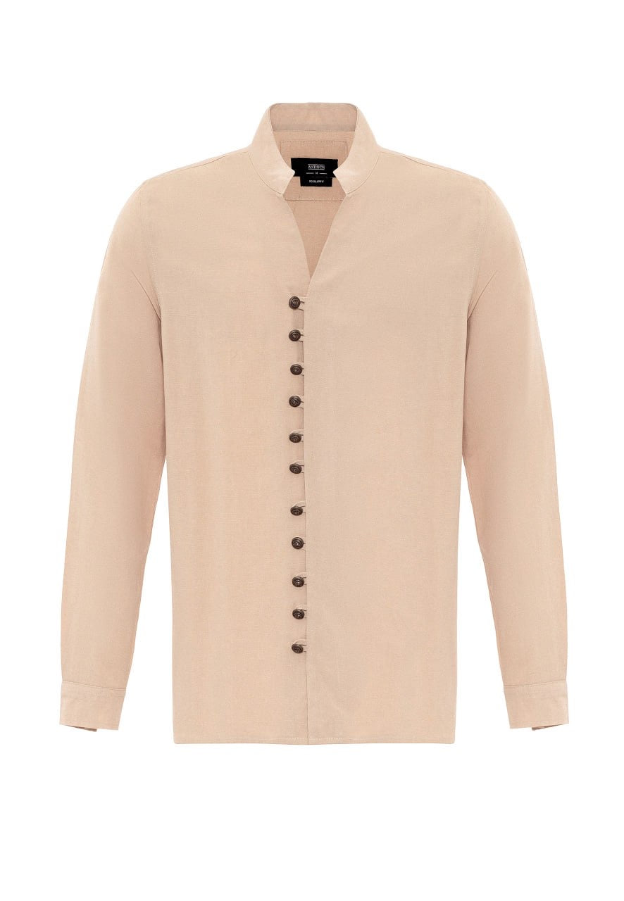 Stehkragen Herrenhemd mit Knopfdetail - Beige