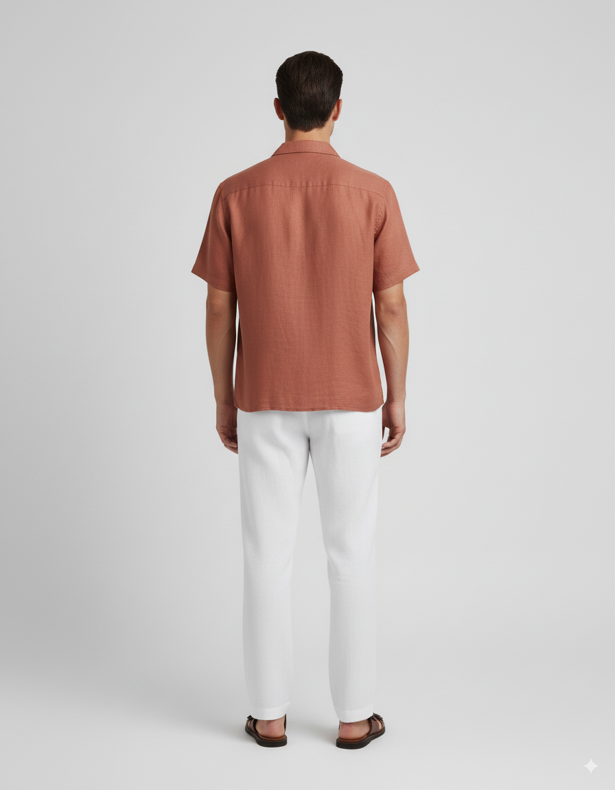 Kurzärmliges Leinenhemd - Orange