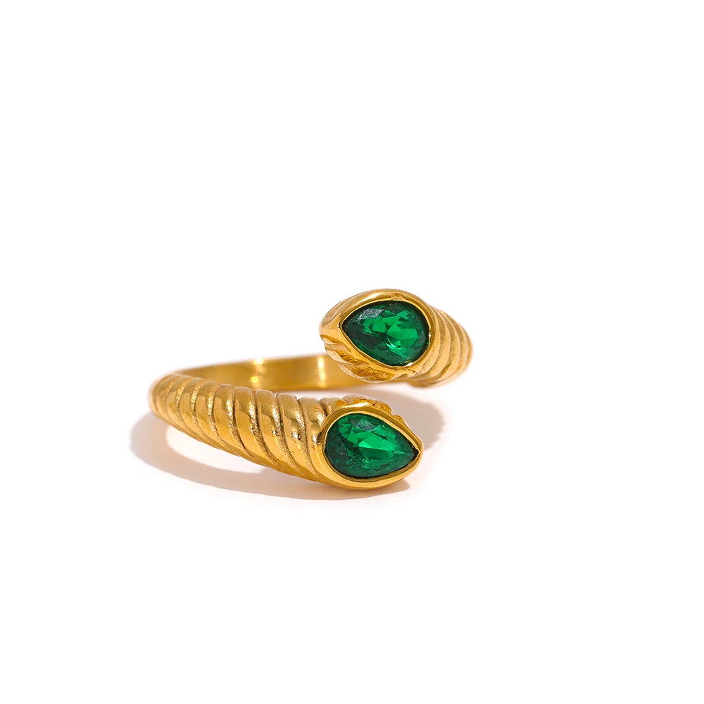 Snake Ring mit grünem Stein - Gelbgold vergoldet