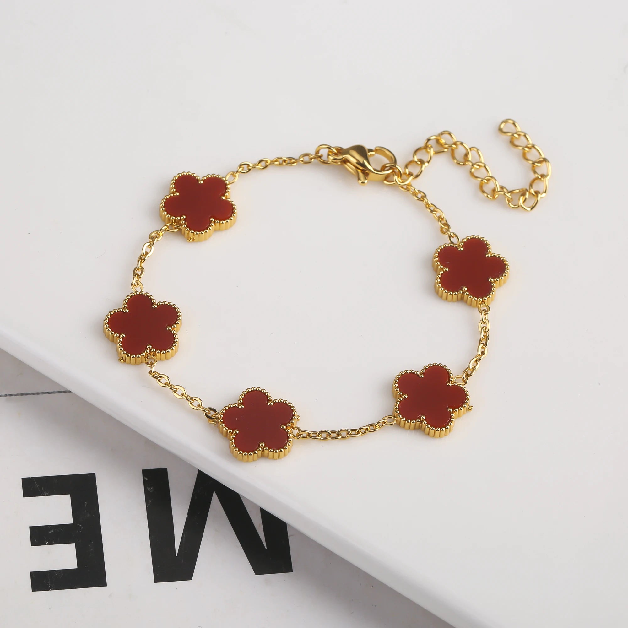 Kleeblatt Armband in Rot - Gelbgold vergoldet