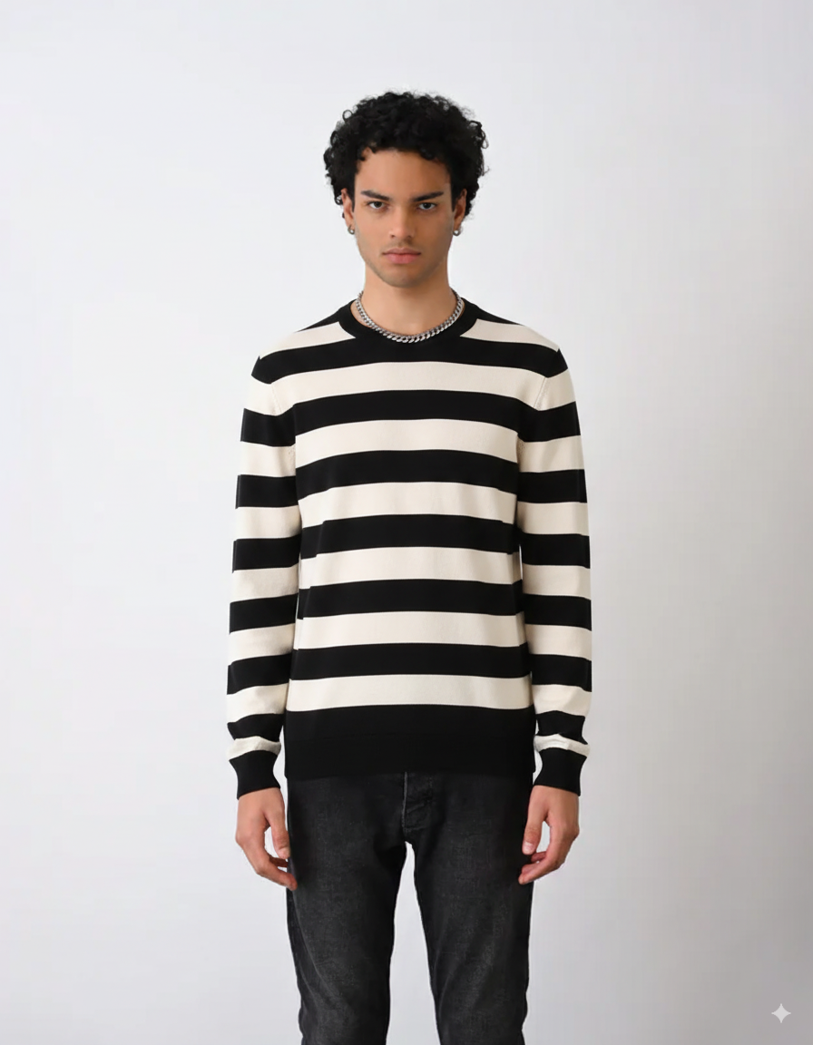 Slim Fit gestreiftes Langarmshirt - Schwarz/Creme
