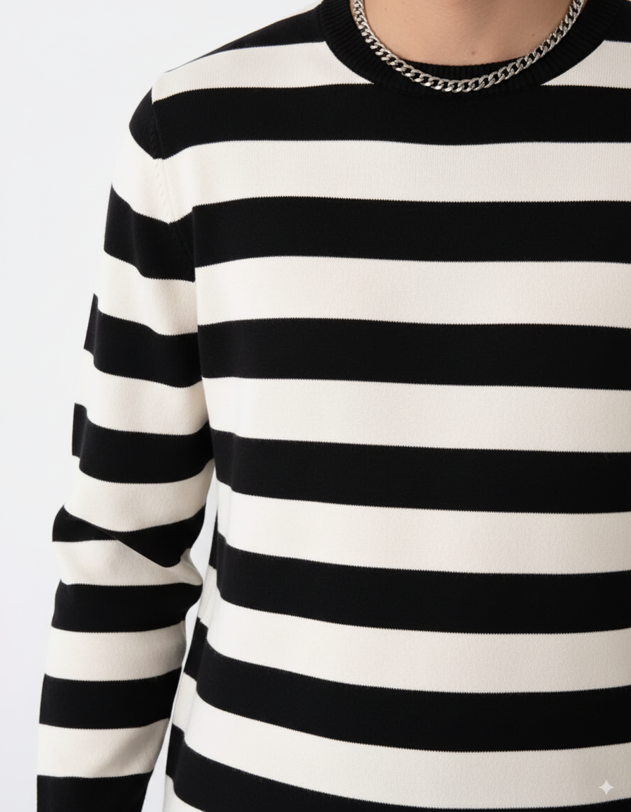 Slim Fit gestreiftes Langarmshirt - Schwarz/Creme