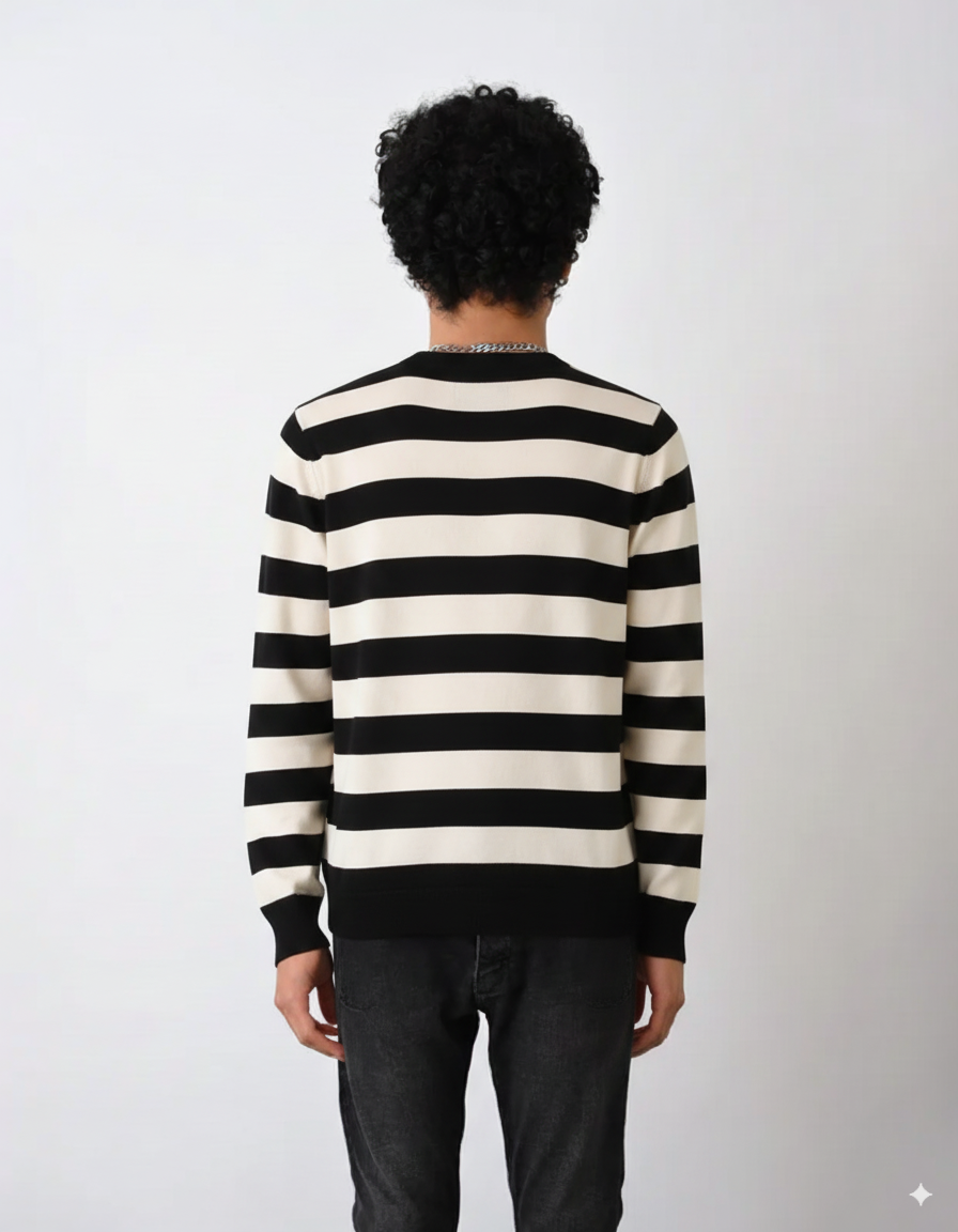 Slim Fit gestreiftes Langarmshirt - Schwarz/Creme