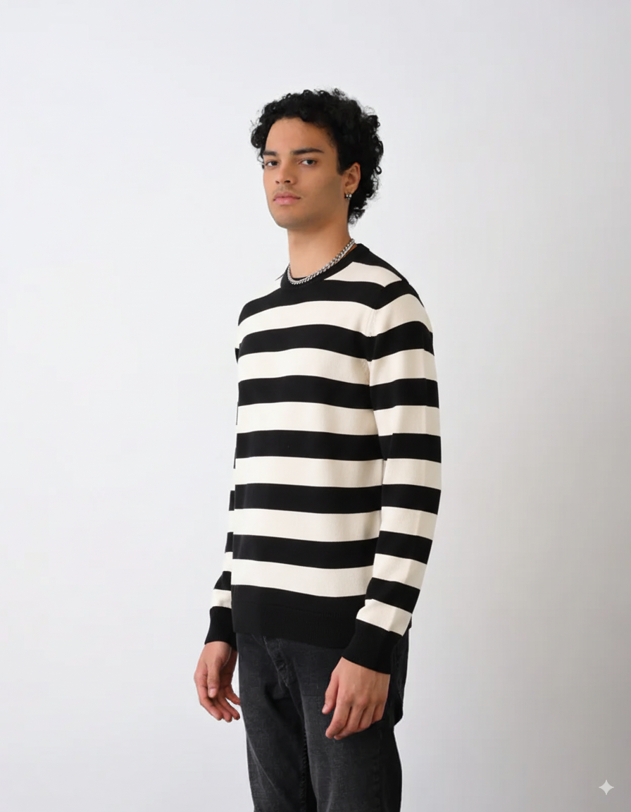 Slim Fit gestreiftes Langarmshirt - Schwarz/Creme