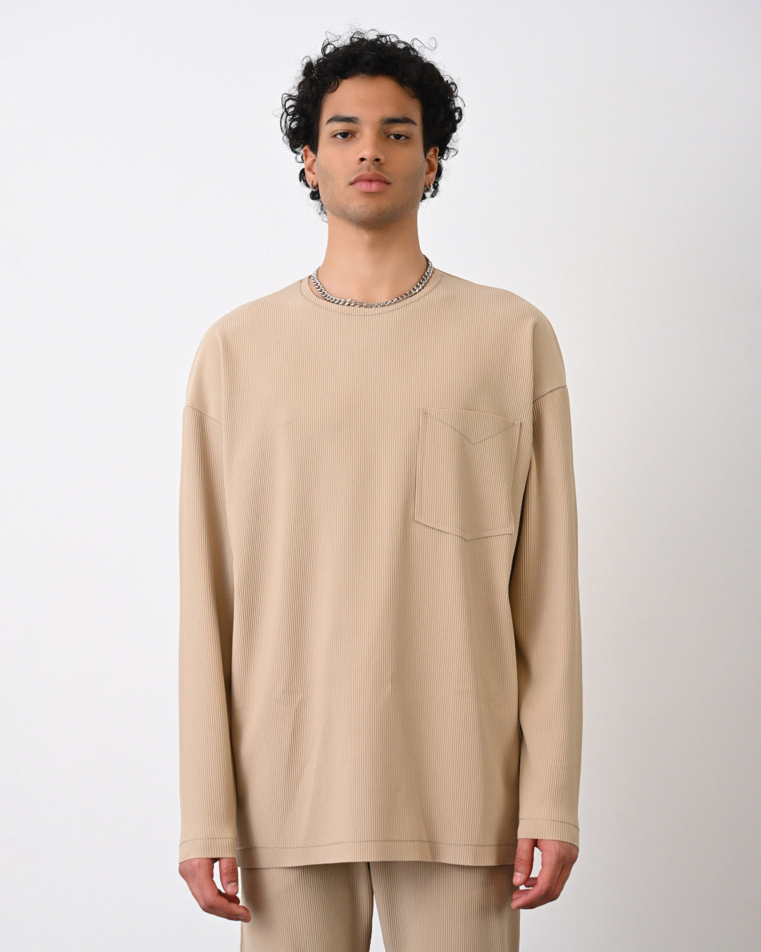 Langarmshirt mit Tasche - Beige