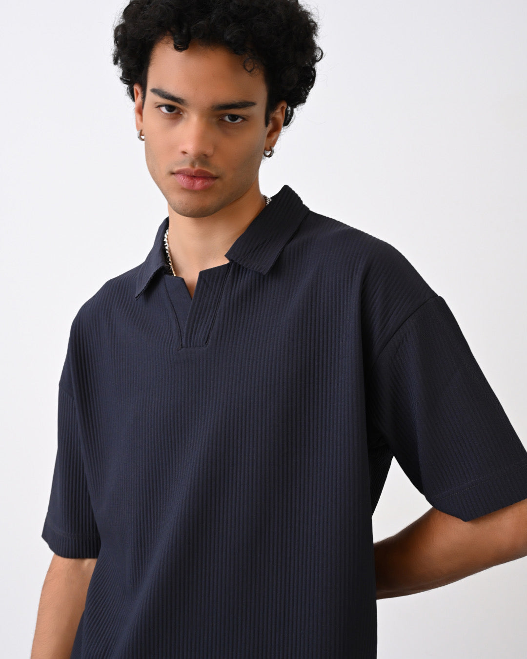Oversize Cord T-Shirt mit Kragen - Dunkelblau